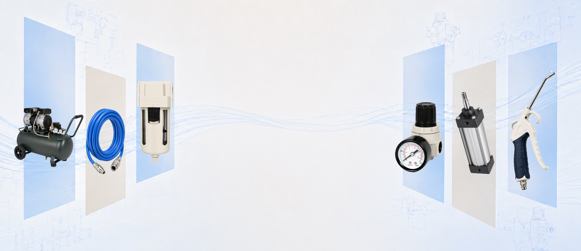 IVOMATION pneumatic products arranged across an industrial design landscape